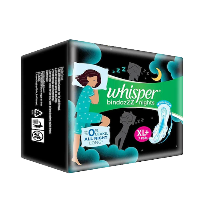 Whisper ultra  Bindazzz Night Sanitary Pads XL+ 7 Pieces