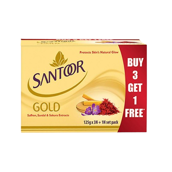 Santoor Gold Soap with Saffron, Sandal & Sakura Extracts, 125g (Buy 3 Get 1 free)